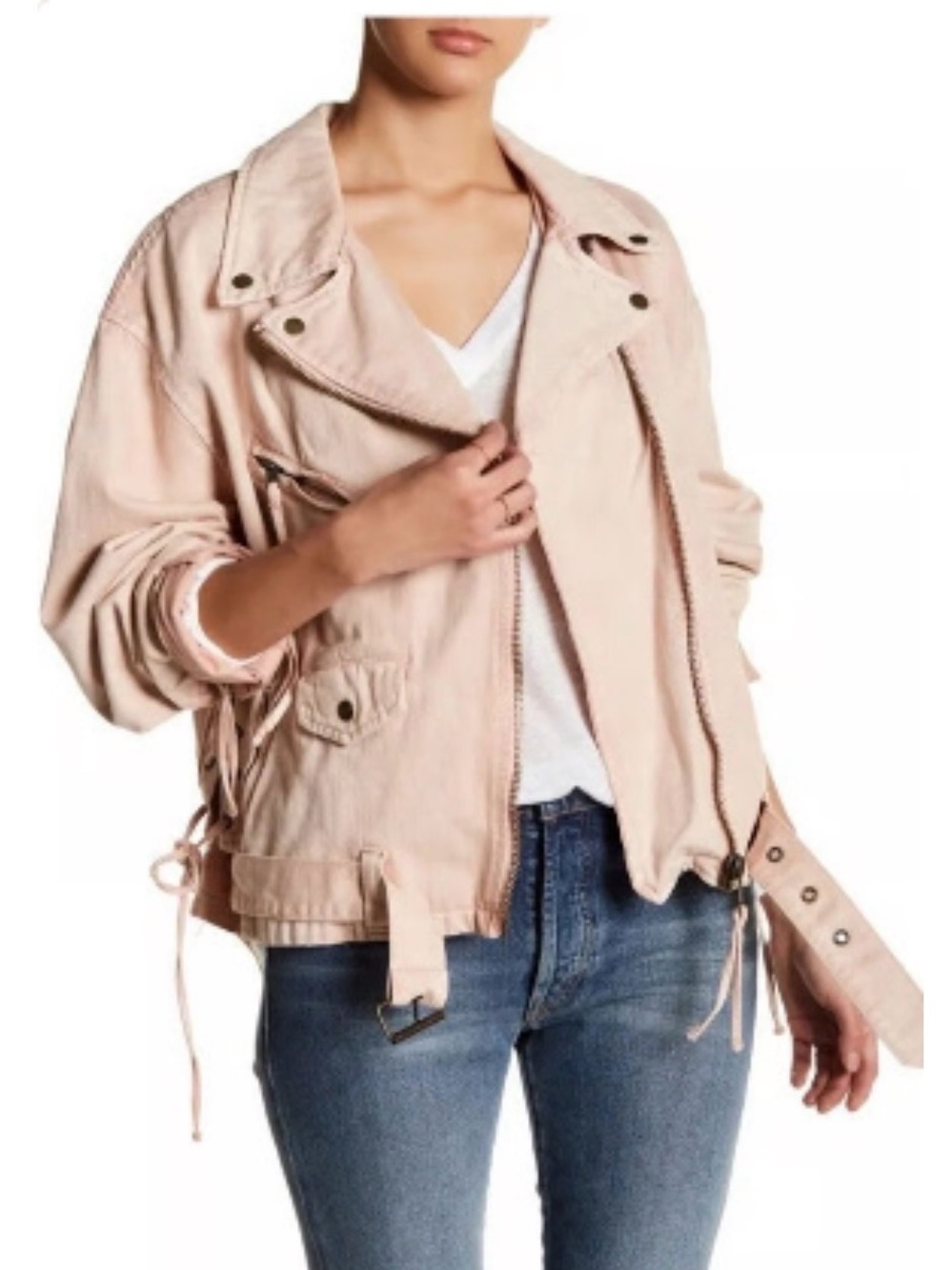 Free People Rose Pink Lace-Up Oversized Denim Moto Jacket Large
